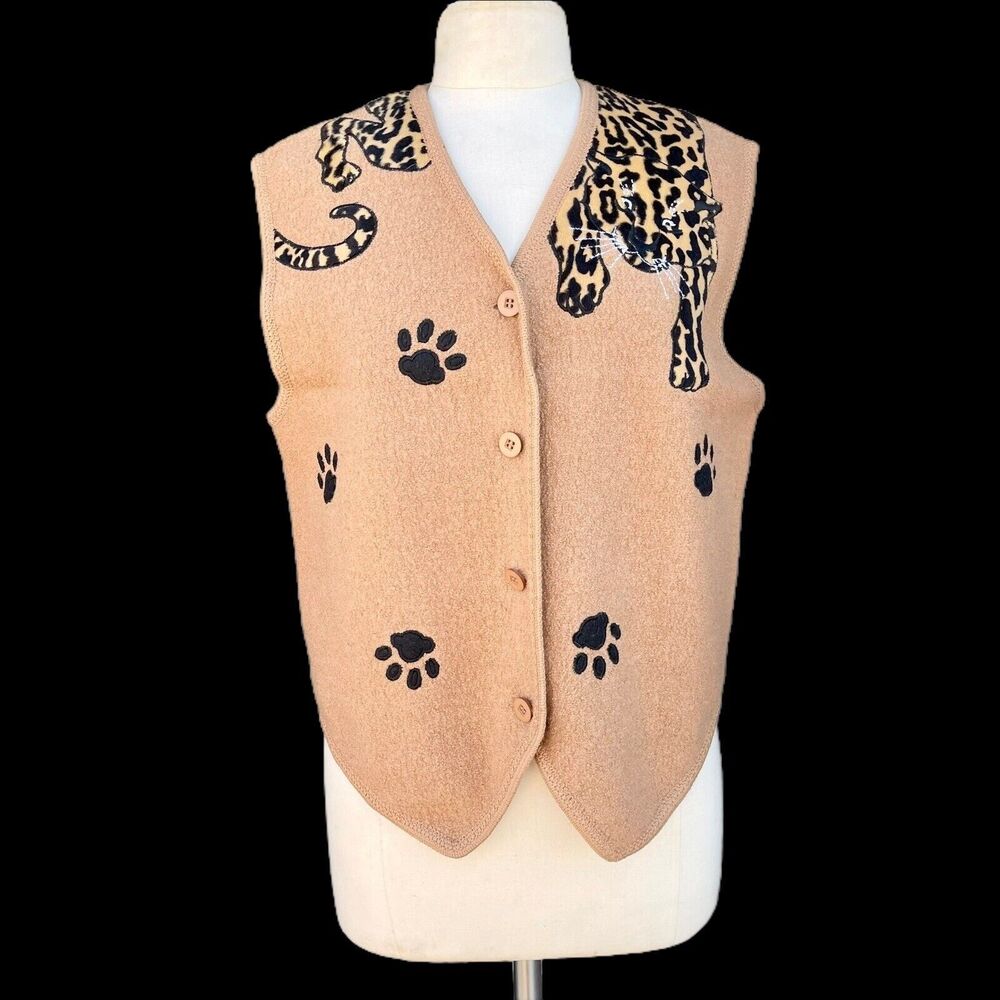 Vintage LISA INTERNATIONAL Vest L Brown leopard Boiled Wool Button Front V-neck